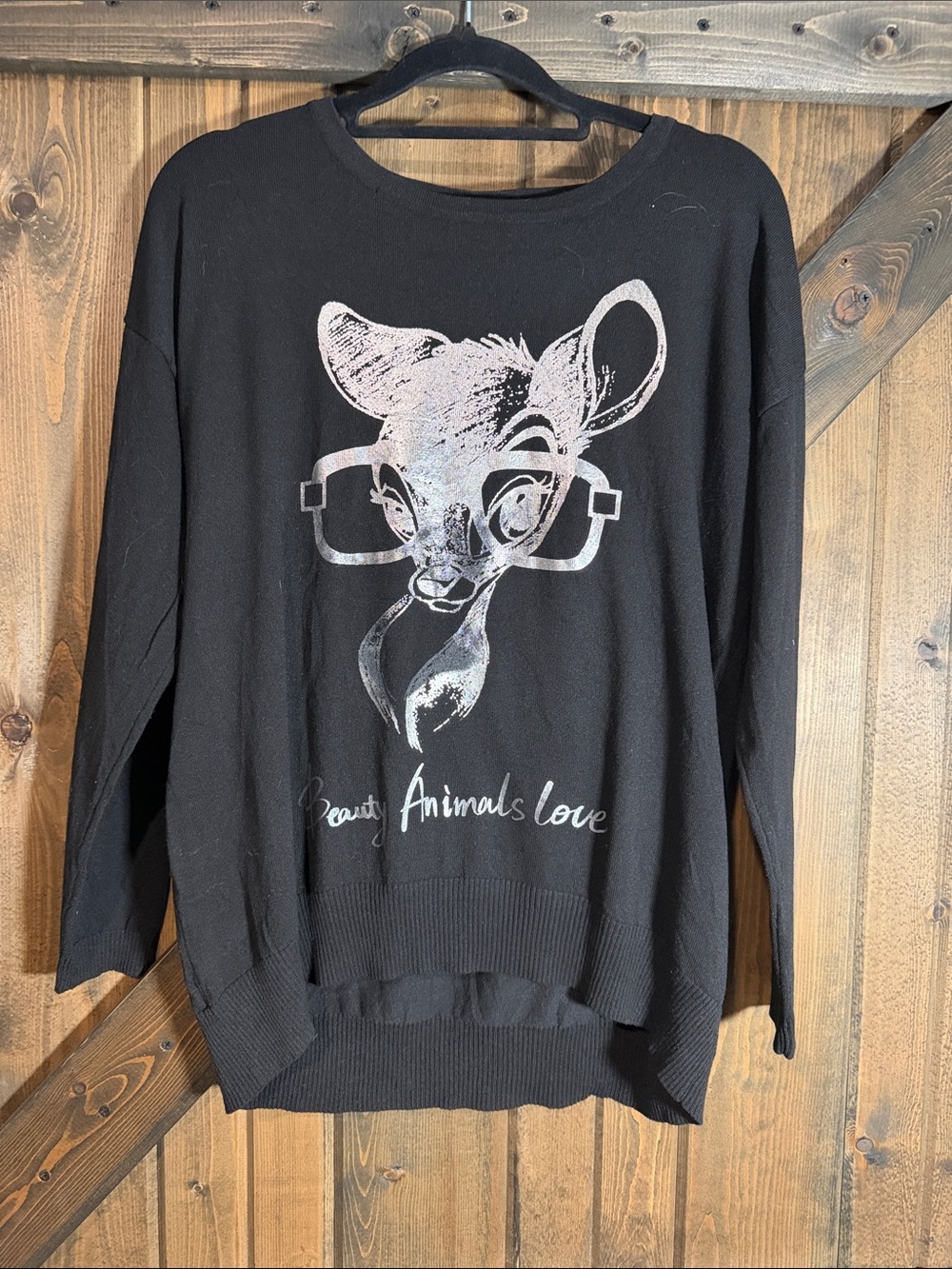 Black Crewneck Sweater with Metallic Silver Deer Graphic